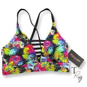 Peachy Athletic NWT Seventh Heaven Sports Bra Black Neon Paint Splatter Size Sma